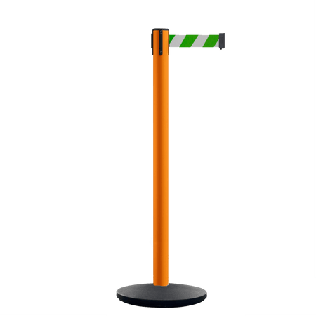 Retractable Belt Barrier Stanchion, Orange Post, Cast Iron Base, 11 Ft. Belt - Montour Line MSI630 - Crowd Control Warehouse