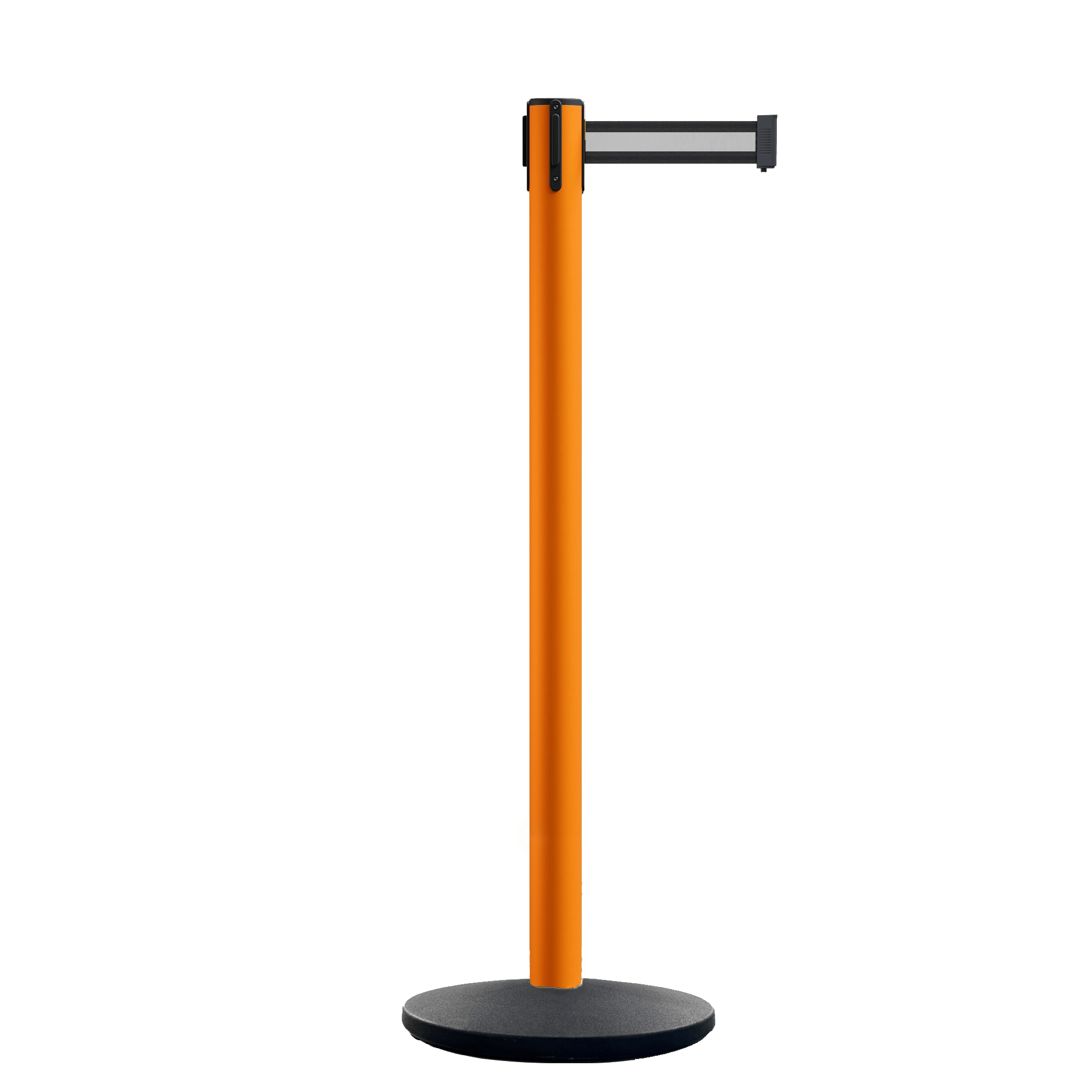 Retractable Belt Barrier Stanchion, Orange Post, Cast Iron Base, 11 Ft. Belt - Montour Line MSI630 - Crowd Control Warehouse
