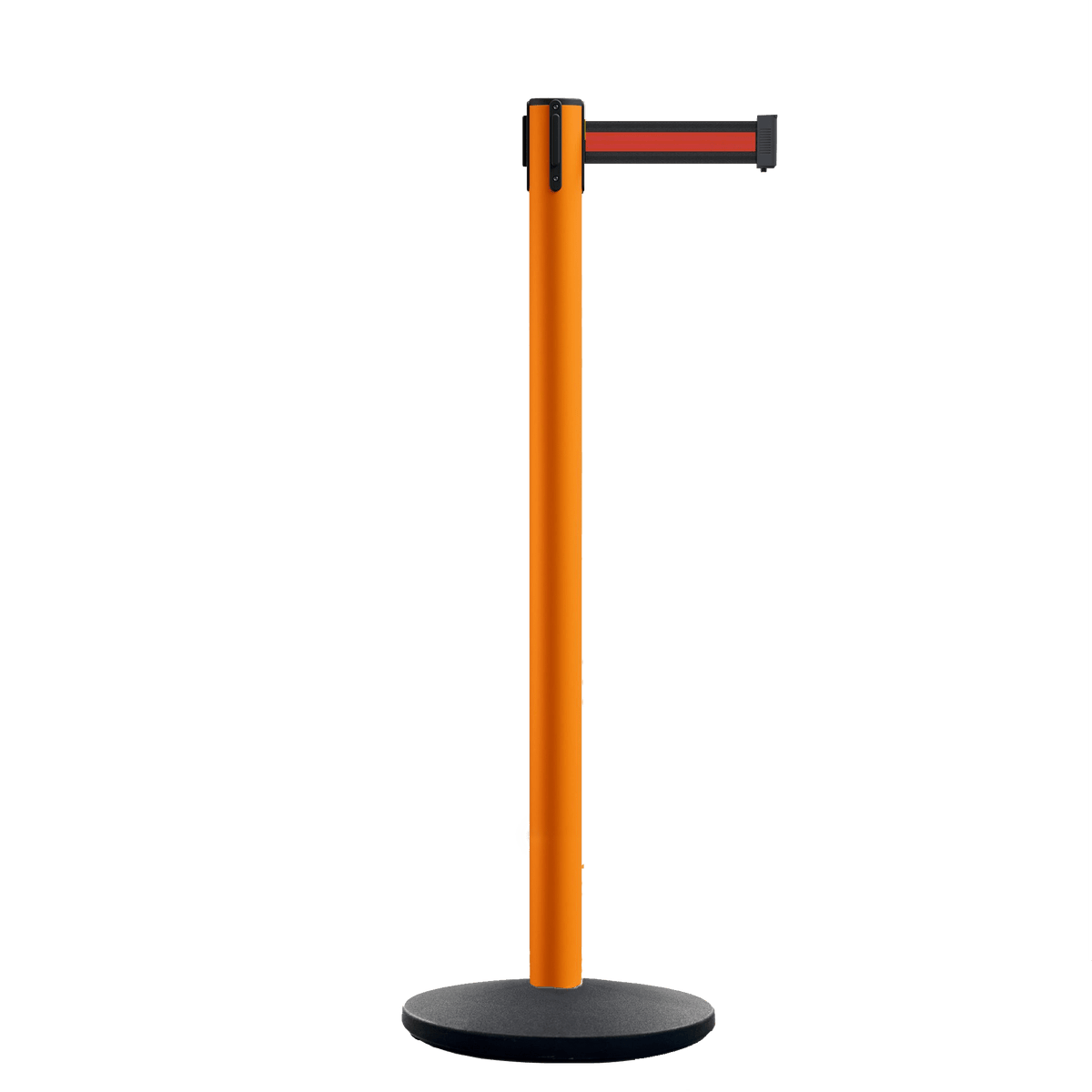 Retractable Belt Barrier Stanchion, Orange Post, Cast Iron Base, 11 Ft. Belt - Montour Line MSI630 - Crowd Control Warehouse