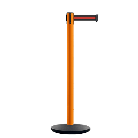 Retractable Belt Barrier Stanchion, Orange Post, Cast Iron Base, 11 Ft. Belt - Montour Line MSI630 - Crowd Control Warehouse