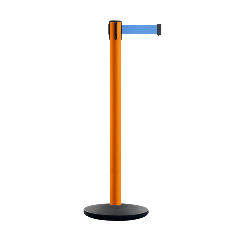 Retractable Belt Barrier Stanchion, Orange Post, Cast Iron Base, 11 Ft. Belt - Montour Line MSI630 - Crowd Control Warehouse