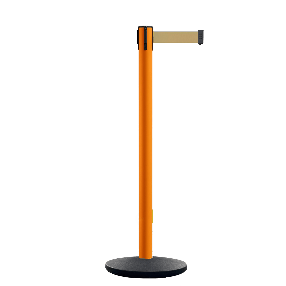 Retractable Belt Barrier Stanchion, Orange Post, Cast Iron Base, 11 Ft. Belt - Montour Line MSI630 - Crowd Control Warehouse