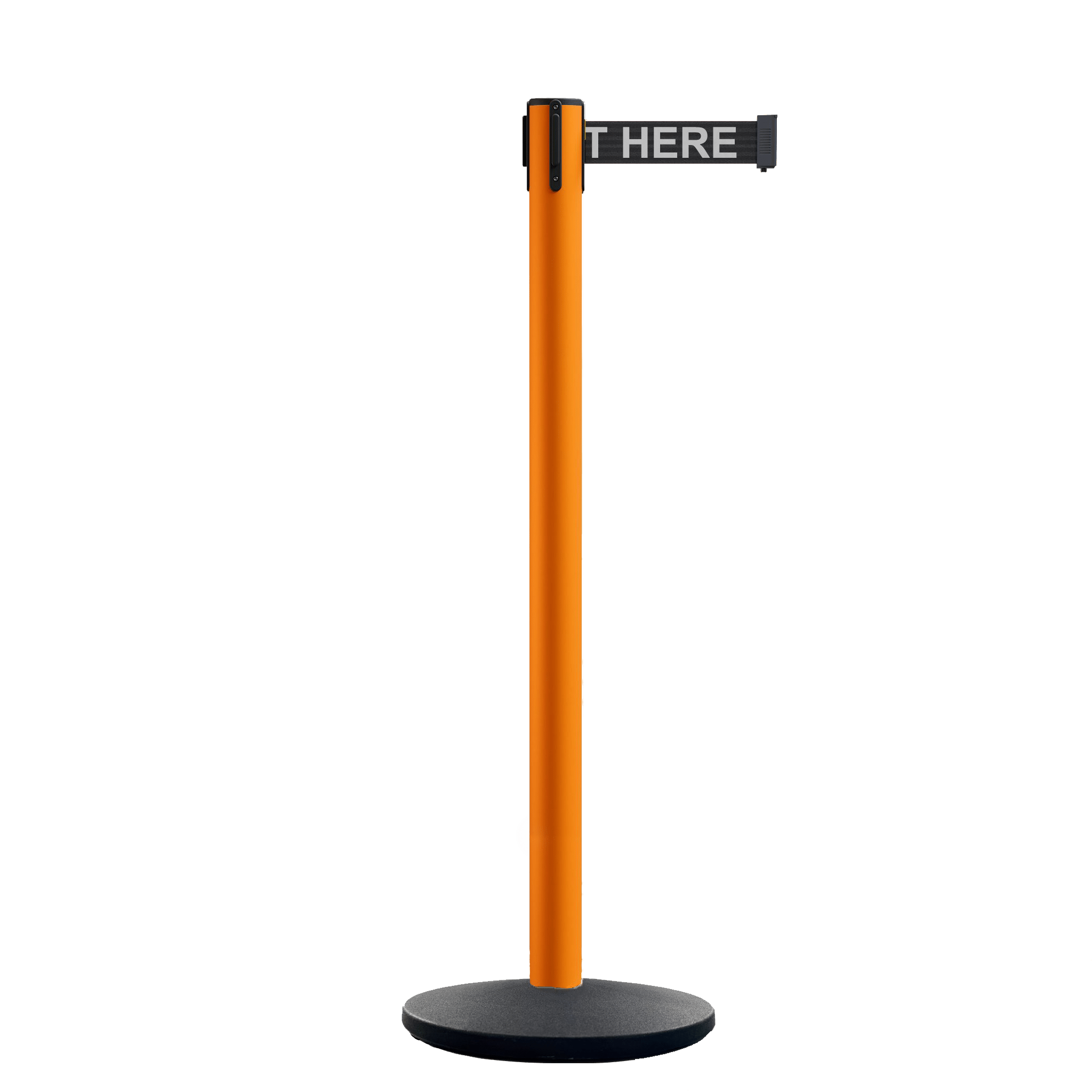 Retractable Belt Barrier Stanchion, Orange Post, Cast Iron Base, 11 Ft. Belt - Montour Line MSI630 - Crowd Control Warehouse