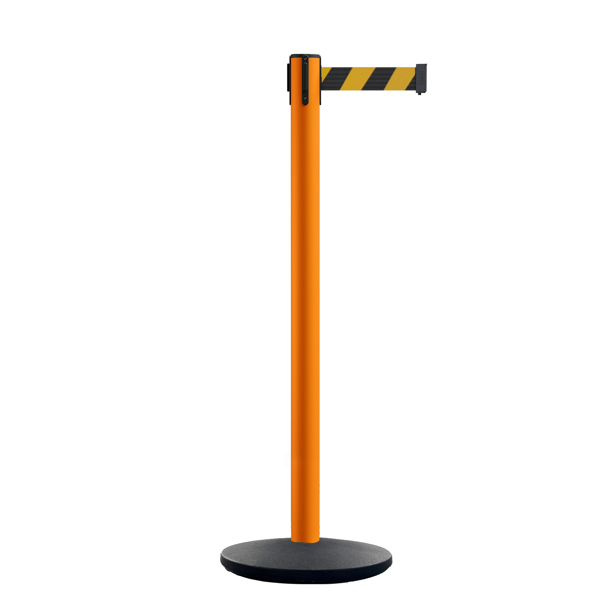 Retractable Belt Barrier Stanchion, Orange Post, Cast Iron Base, 11 Ft. Belt - Montour Line MSI630 - Crowd Control Warehouse