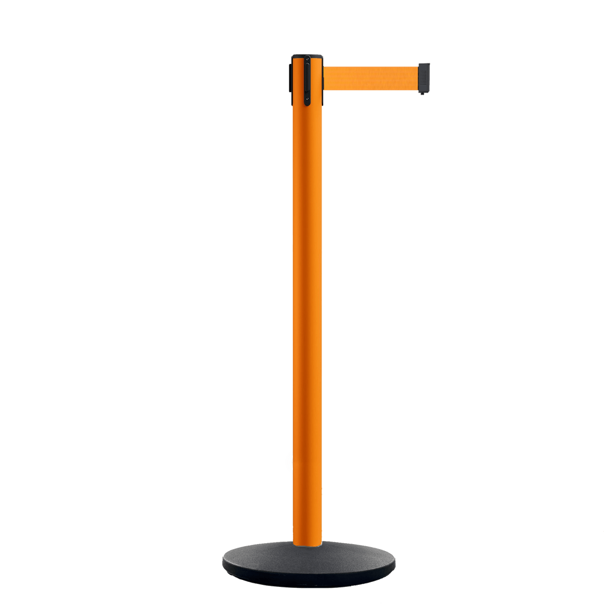 Retractable Belt Barrier Stanchion, Orange Post, Cast Iron Base, 11 Ft. Belt - Montour Line MSI630 - Crowd Control Warehouse