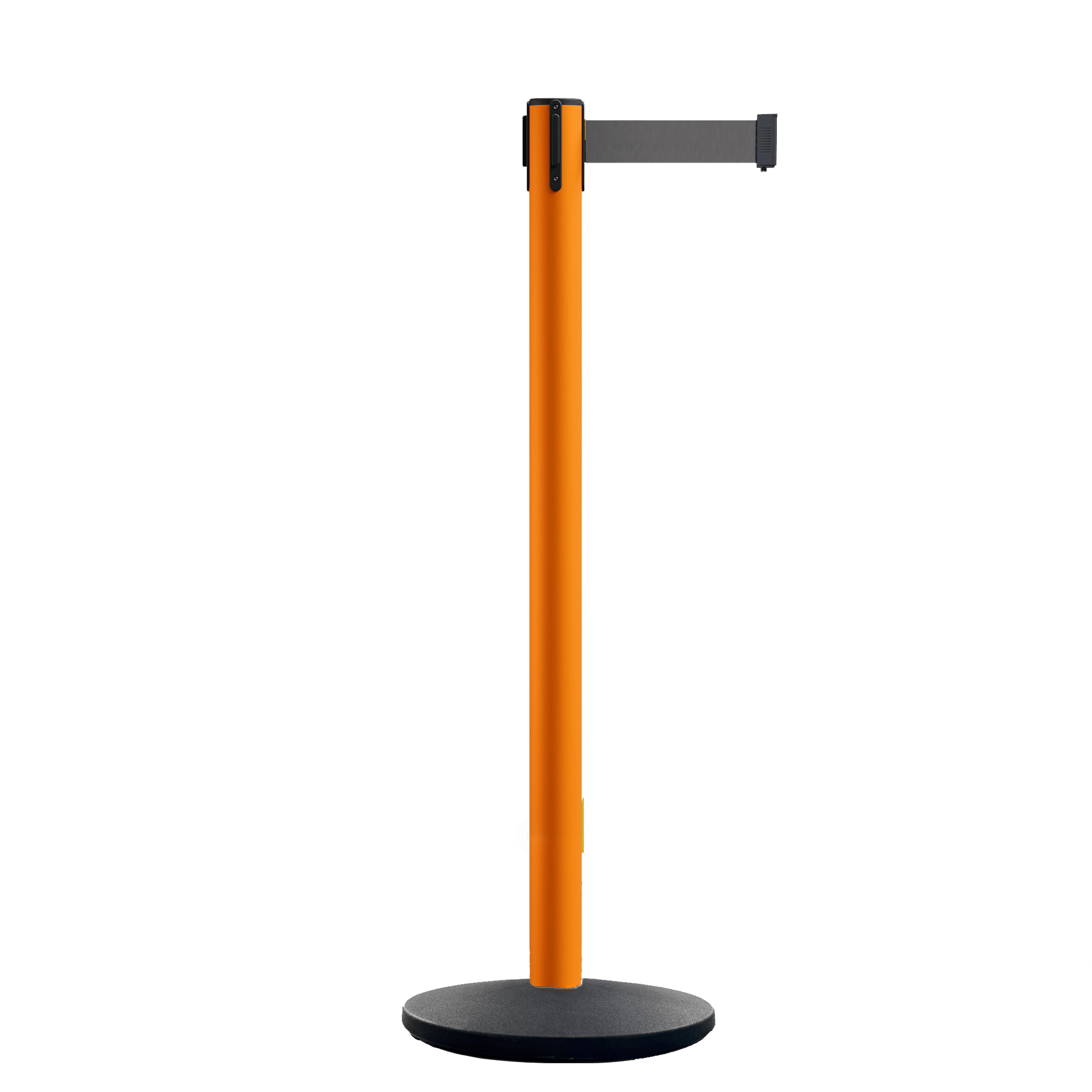 Retractable Belt Barrier Stanchion, Orange Post, Cast Iron Base, 11 Ft. Belt - Montour Line MSI630 - Crowd Control Warehouse