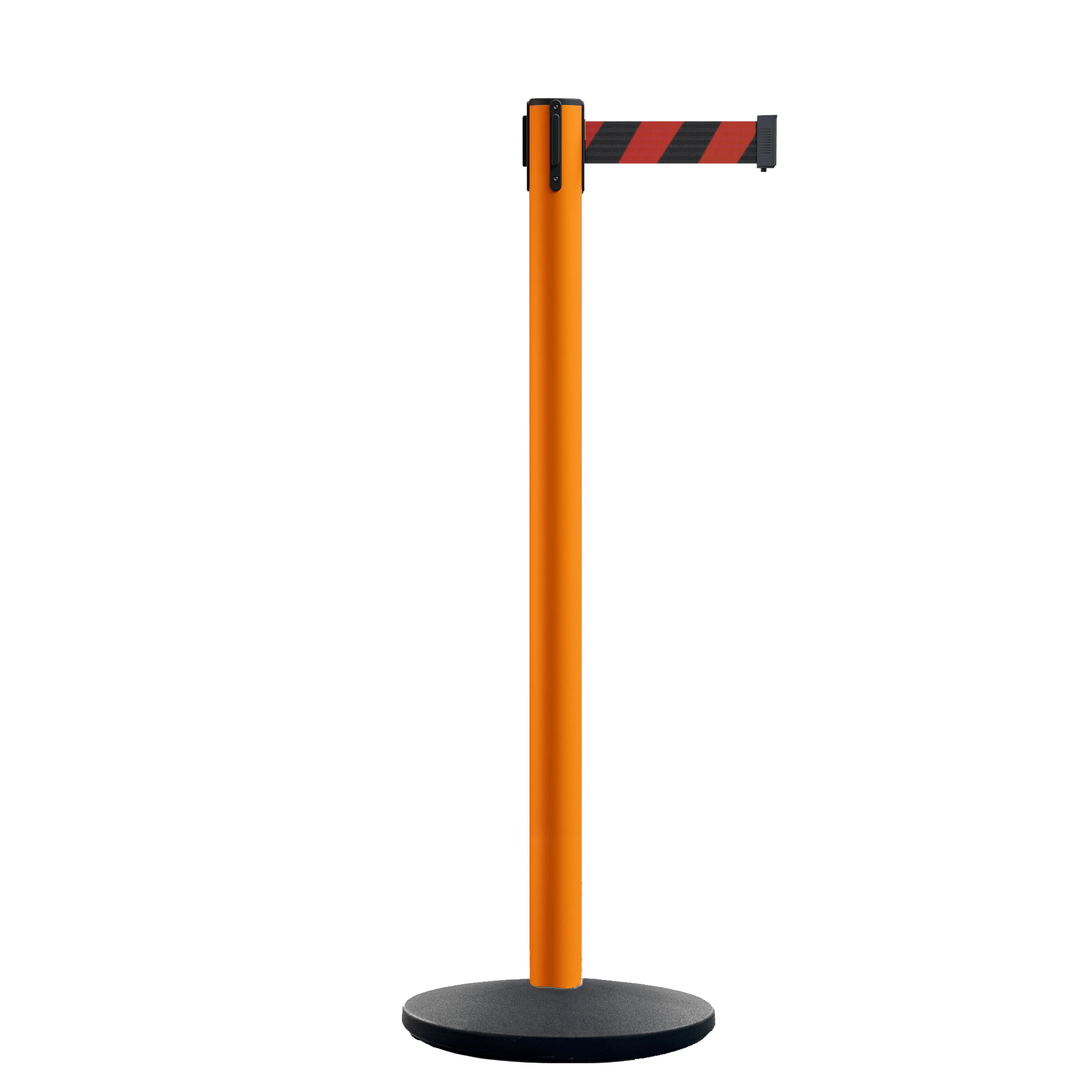 Retractable Belt Barrier Stanchion, Orange Post, Cast Iron Base, 11 Ft. Belt - Montour Line MSI630 - Crowd Control Warehouse