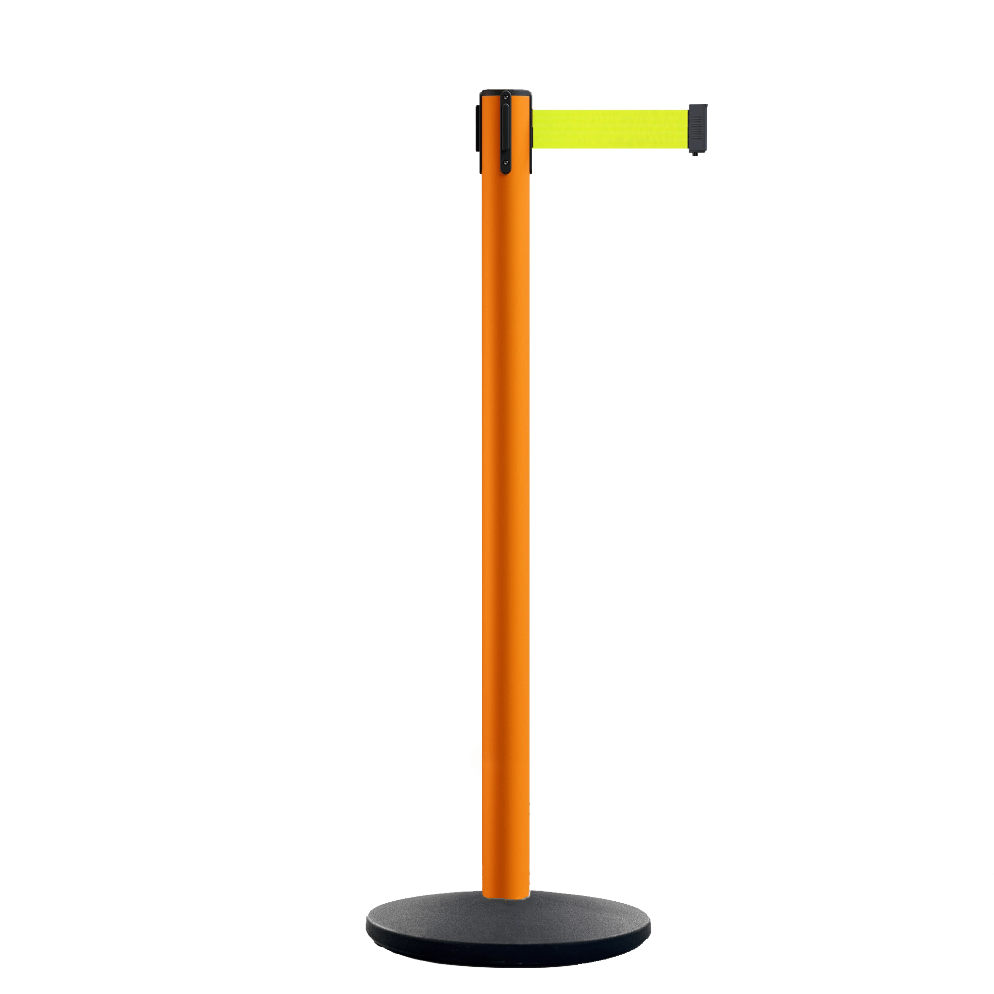 Retractable Belt Barrier Stanchion, Orange Post, Cast Iron Base, 11 Ft. Belt - Montour Line MSI630 - Crowd Control Warehouse