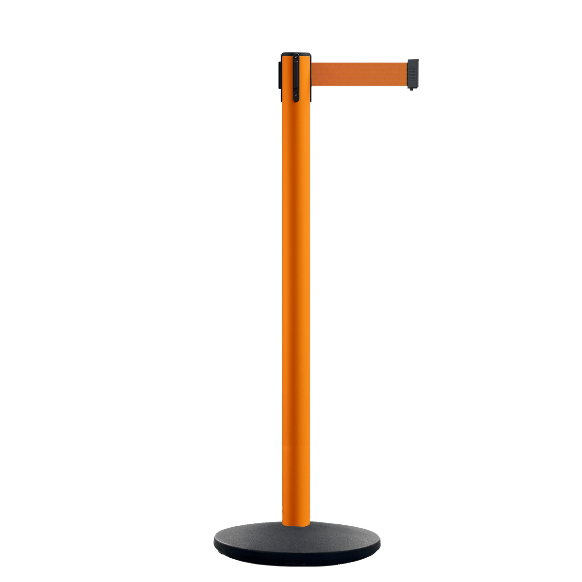 Retractable Belt Barrier Stanchion, Orange Post, Cast Iron Base, 11 Ft. Belt - Montour Line MSI630 - Crowd Control Warehouse
