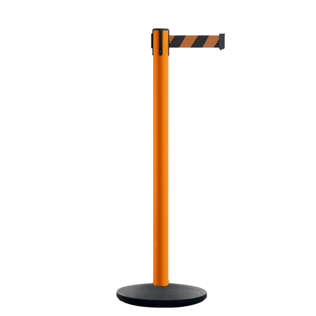 Retractable Belt Barrier Stanchion, Orange Post, Cast Iron Base, 11 Ft. Belt - Montour Line MSI630 - Crowd Control Warehouse