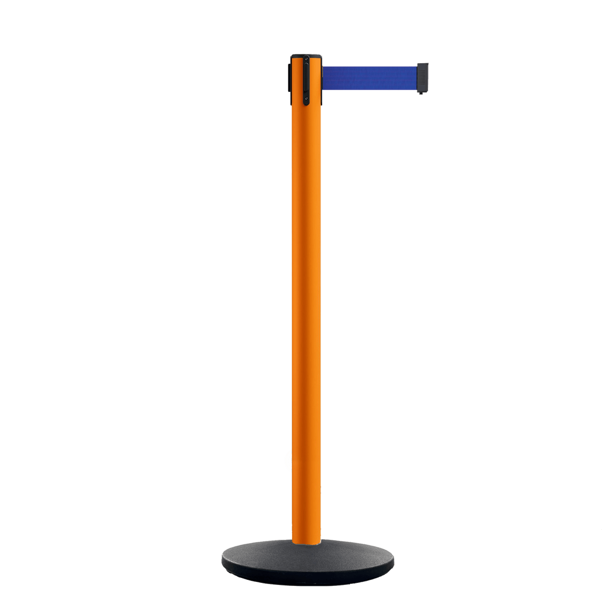 Retractable Belt Barrier Stanchion, Orange Post, Cast Iron Base, 13 Ft. Belt - Montour Line MSI630 - Crowd Control Warehouse
