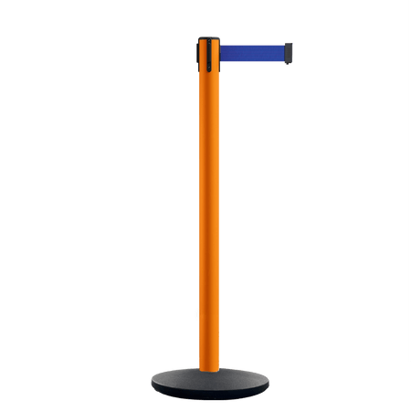 Retractable Belt Barrier Stanchion, Orange Post, Cast Iron Base, 13 Ft. Belt - Montour Line MSI630 - Crowd Control Warehouse