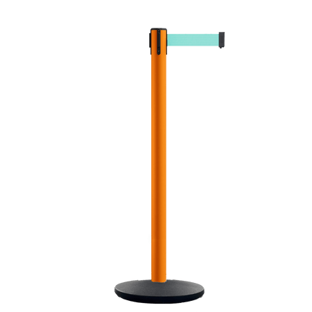 Retractable Belt Barrier Stanchion, Orange Post, Cast Iron Base, 13 Ft. Belt - Montour Line MSI630 - Crowd Control Warehouse