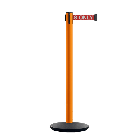 Retractable Belt Barrier Stanchion, Orange Post, Cast Iron Base, 13 Ft. Belt - Montour Line MSI630 - Crowd Control Warehouse