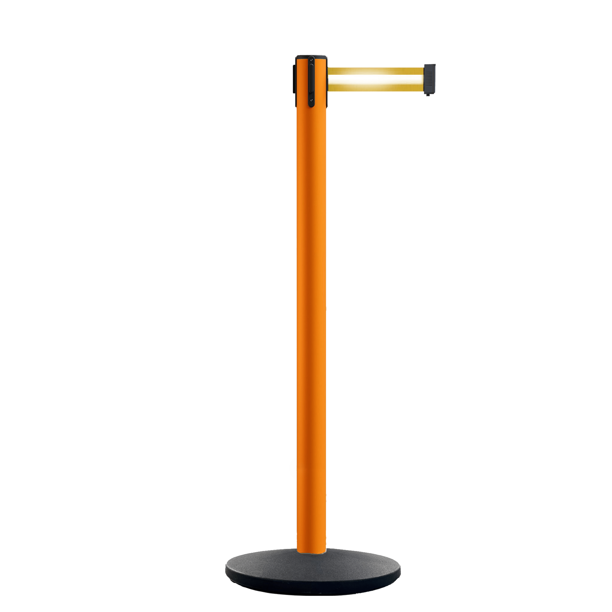 Retractable Belt Barrier Stanchion, Orange Post, Cast Iron Base, 13 Ft. Belt - Montour Line MSI630 - Crowd Control Warehouse