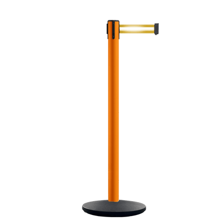 Retractable Belt Barrier Stanchion, Orange Post, Cast Iron Base, 13 Ft. Belt - Montour Line MSI630 - Crowd Control Warehouse