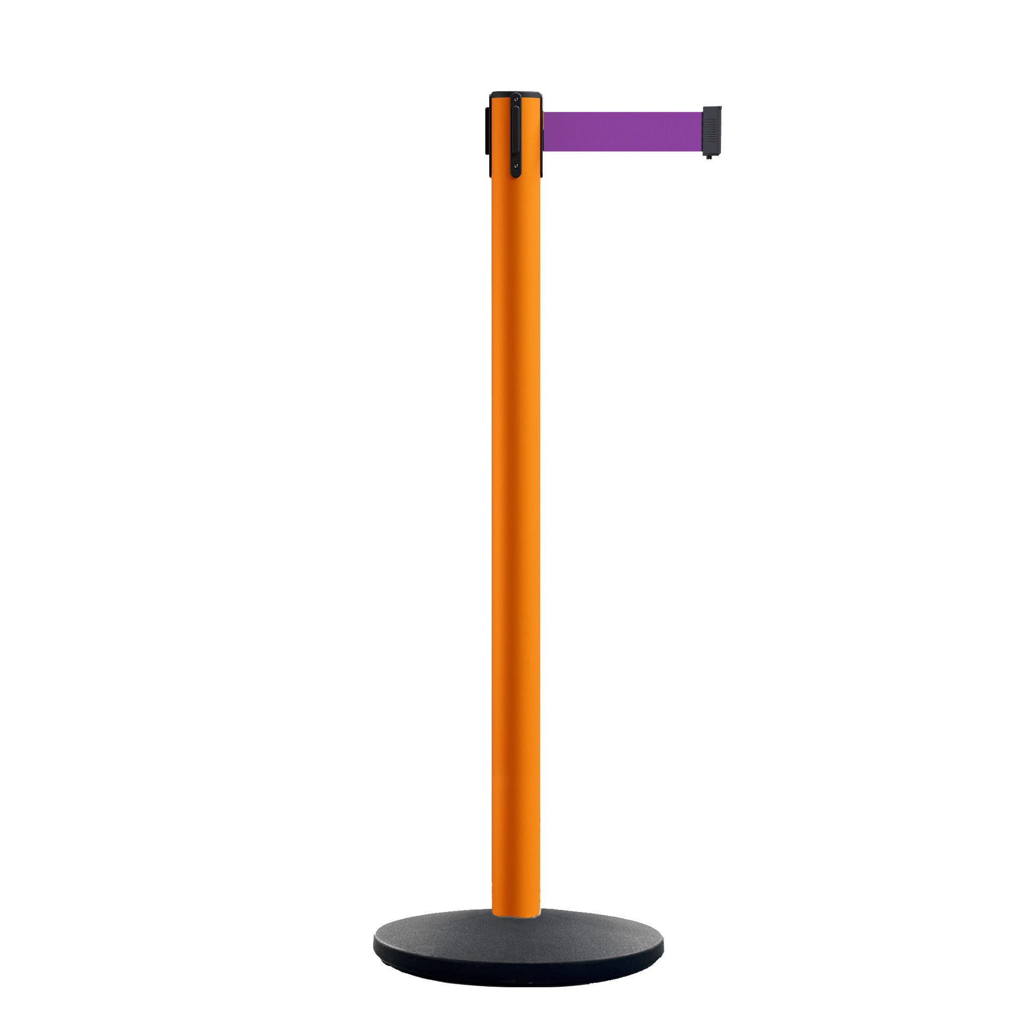 Retractable Belt Barrier Stanchion, Orange Post, Cast Iron Base, 13 Ft. Belt - Montour Line MSI630 - Crowd Control Warehouse