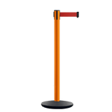 Retractable Belt Barrier Stanchion, Orange Post, Cast Iron Base, 13 Ft. Belt - Montour Line MSI630 - Crowd Control Warehouse