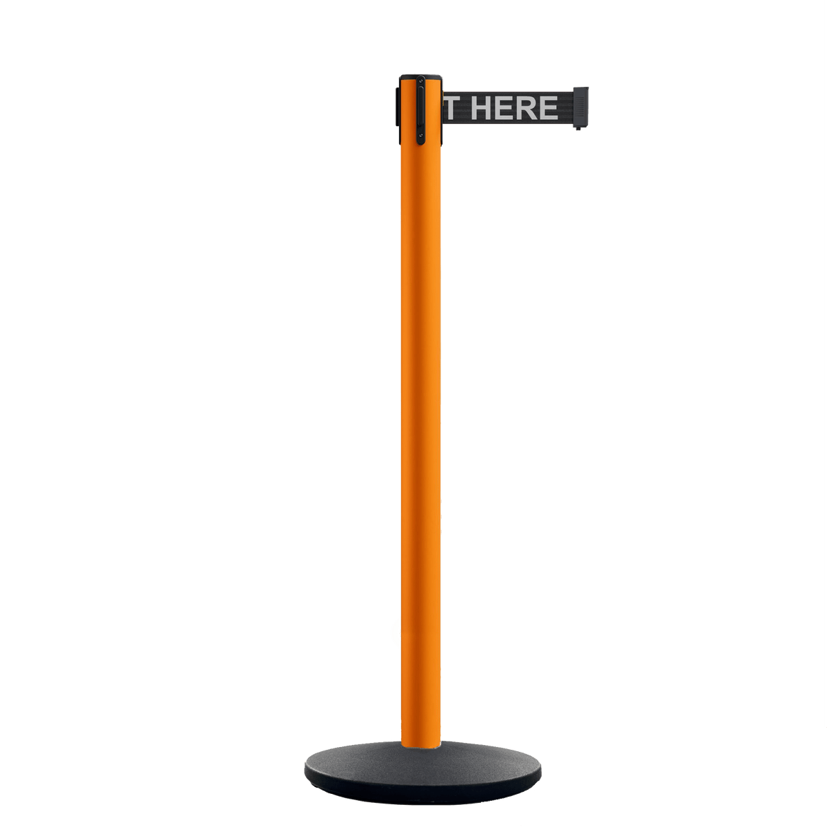 Retractable Belt Barrier Stanchion, Orange Post, Cast Iron Base, 13 Ft. Belt - Montour Line MSI630 - Crowd Control Warehouse