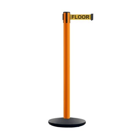 Retractable Belt Barrier Stanchion, Orange Post, Cast Iron Base, 13 Ft. Belt - Montour Line MSI630 - Crowd Control Warehouse