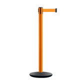 Retractable Belt Barrier Stanchion, Orange Post, Cast Iron Base, 13 Ft. Belt - Montour Line MSI630 - Crowd Control Warehouse
