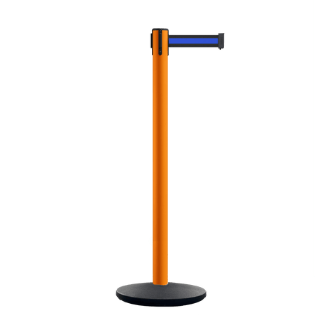 Retractable Belt Barrier Stanchion, Orange Post, Cast Iron Base, 13 Ft. Belt - Montour Line MSI630 - Crowd Control Warehouse