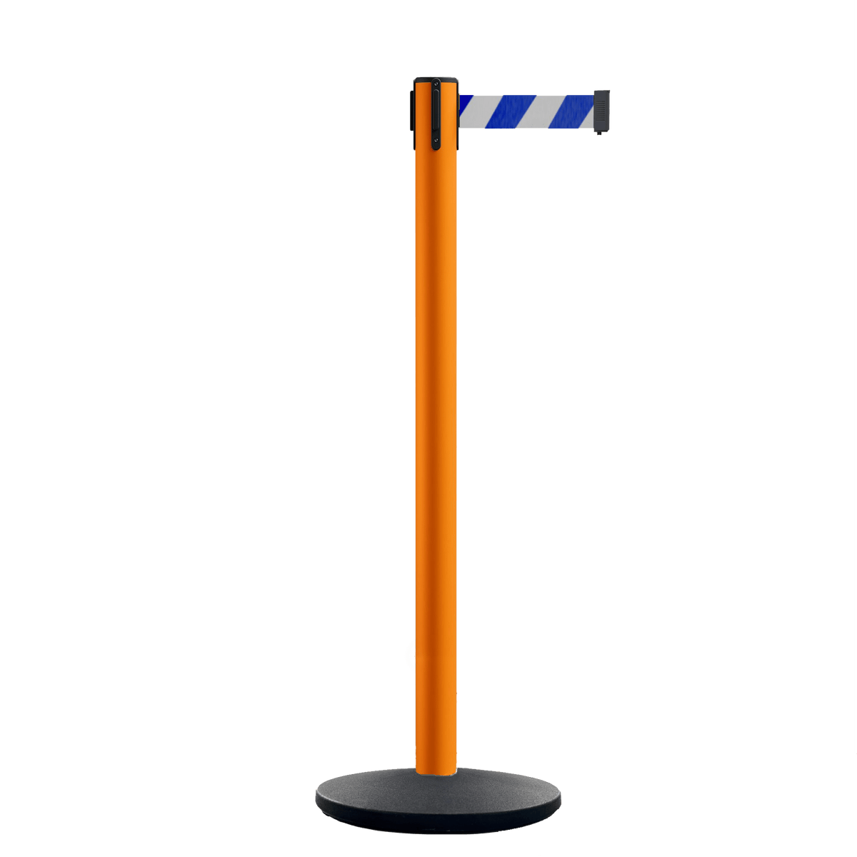 Retractable Belt Barrier Stanchion, Orange Post, Cast Iron Base, 13 Ft. Belt - Montour Line MSI630 - Crowd Control Warehouse