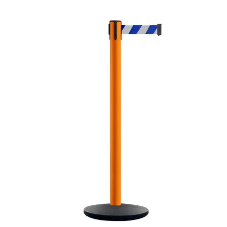 Retractable Belt Barrier Stanchion, Orange Post, Cast Iron Base, 13 Ft. Belt - Montour Line MSI630 - Crowd Control Warehouse
