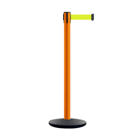 Retractable Belt Barrier Stanchion, Orange Post, Cast Iron Base, 13 Ft. Belt - Montour Line MSI630 - Crowd Control Warehouse