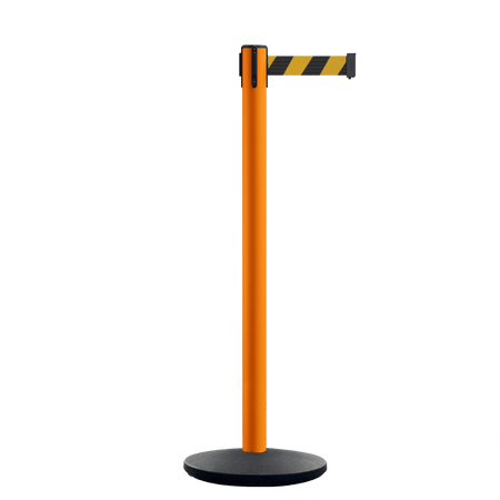 Retractable Belt Barrier Stanchion, Orange Post, Cast Iron Base, 13 Ft. Belt - Montour Line MSI630 - Crowd Control Warehouse