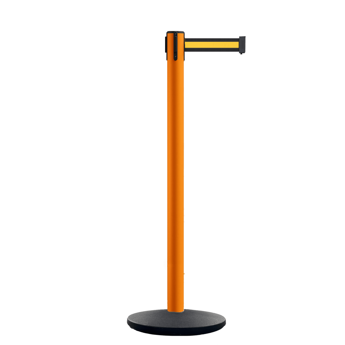 Retractable Belt Barrier Stanchion, Orange Post, Cast Iron Base, 13 Ft. Belt - Montour Line MSI630 - Crowd Control Warehouse