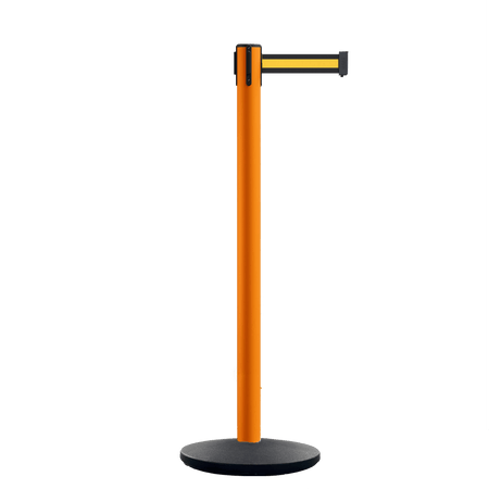 Retractable Belt Barrier Stanchion, Orange Post, Cast Iron Base, 13 Ft. Belt - Montour Line MSI630 - Crowd Control Warehouse