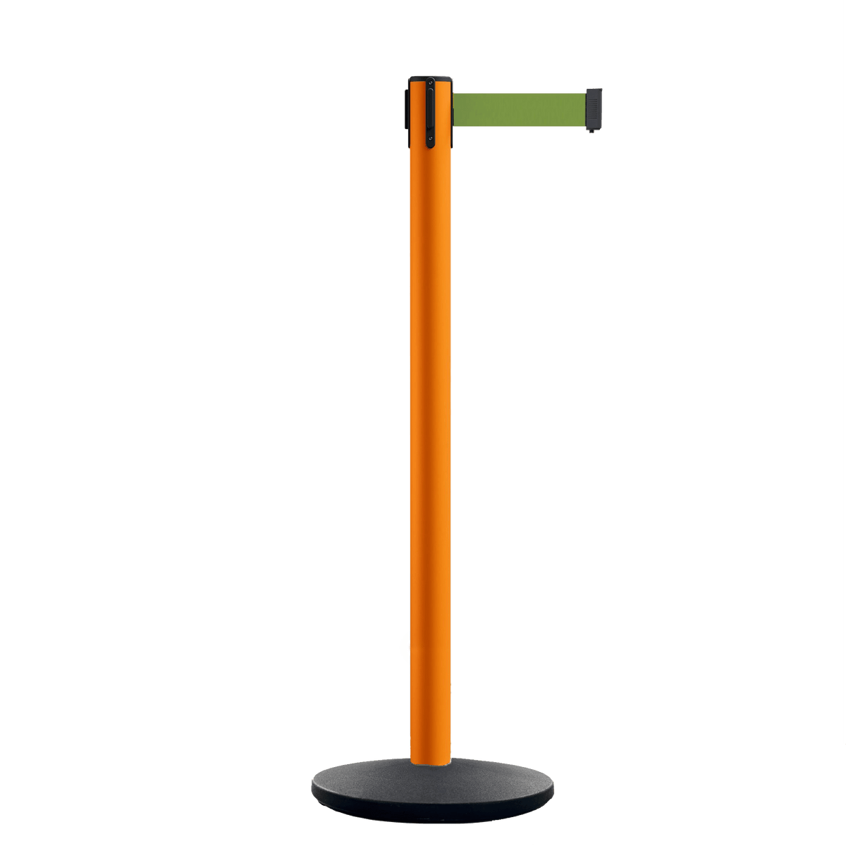 Retractable Belt Barrier Stanchion, Orange Post, Cast Iron Base, 13 Ft. Belt - Montour Line MSI630 - Crowd Control Warehouse