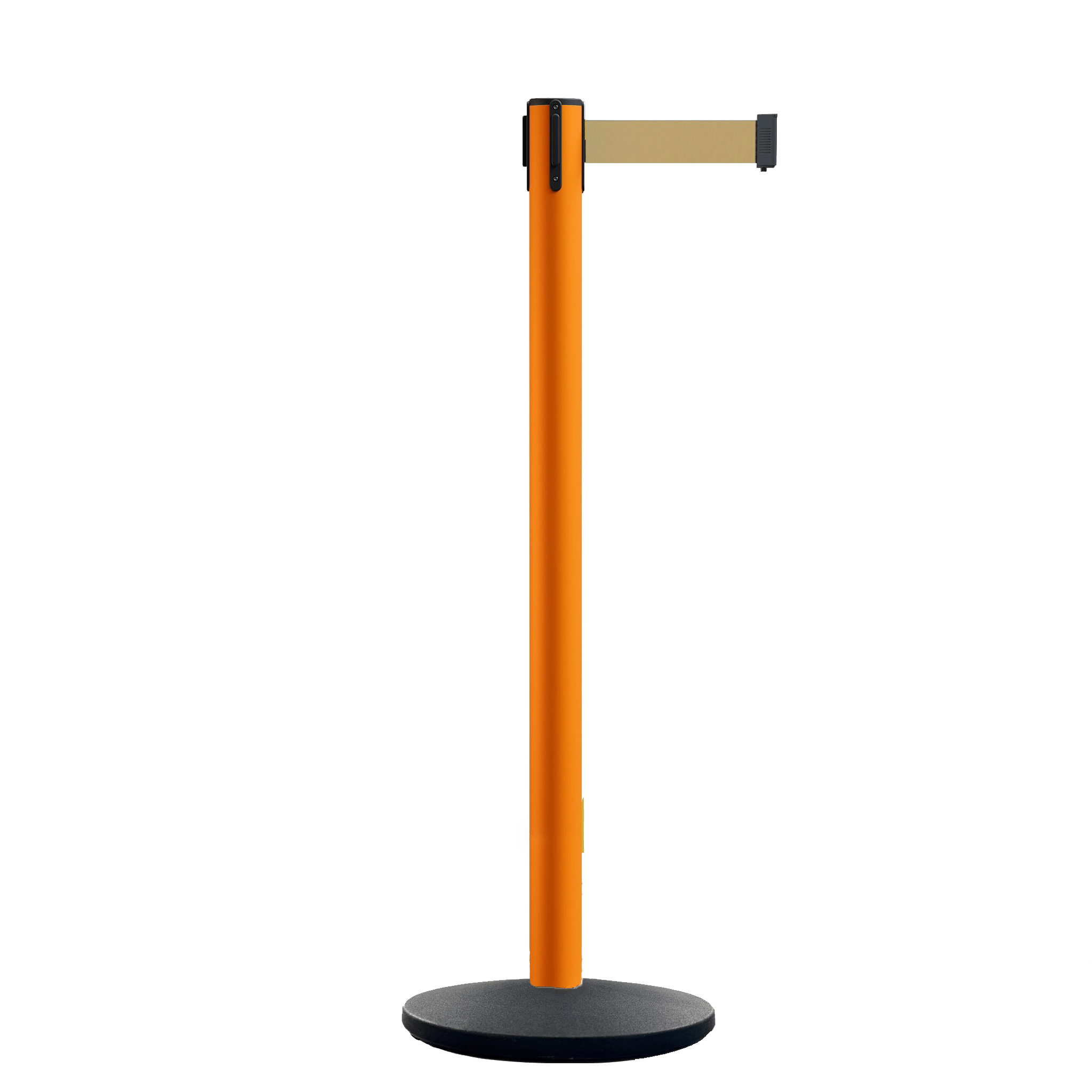Retractable Belt Barrier Stanchion, Orange Post, Cast Iron Base, 13 Ft. Belt - Montour Line MSI630 - Crowd Control Warehouse