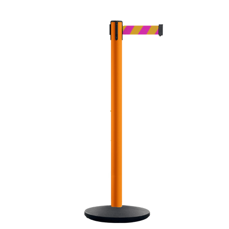Retractable Belt Barrier Stanchion, Orange Post, Cast Iron Base, 7.5 Ft. Belt - Montour Line MI630 - Crowd Control Warehouse