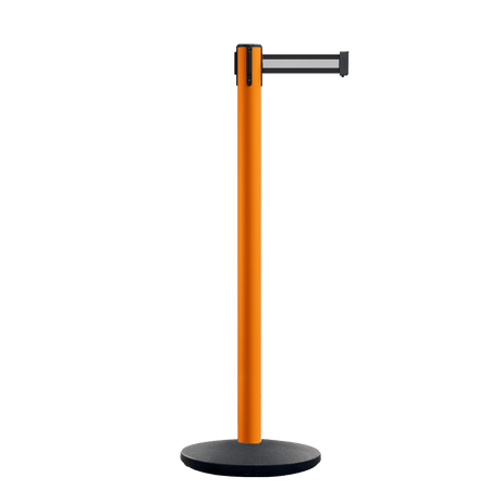 Retractable Belt Barrier Stanchion, Orange Post, Cast Iron Base, 7.5 Ft. Belt - Montour Line MI630 - Crowd Control Warehouse