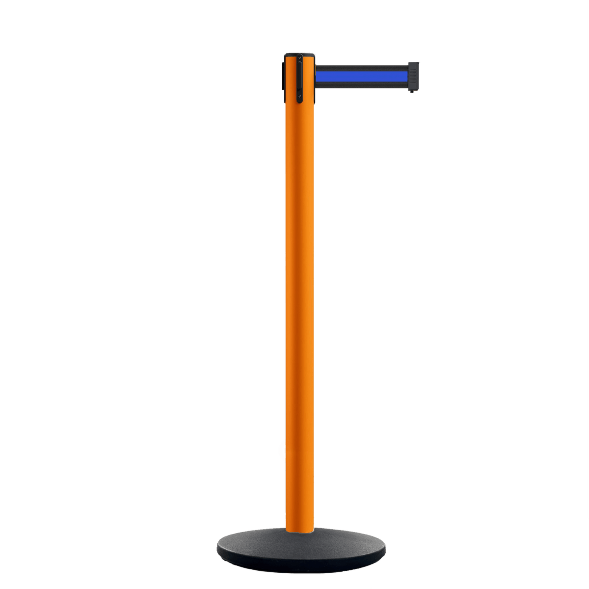 Retractable Belt Barrier Stanchion, Orange Post, Cast Iron Base, 7.5 Ft. Belt - Montour Line MI630 - Crowd Control Warehouse
