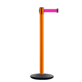 Retractable Belt Barrier Stanchion, Orange Post, Cast Iron Base, 7.5 Ft. Belt - Montour Line MI630 - Crowd Control Warehouse