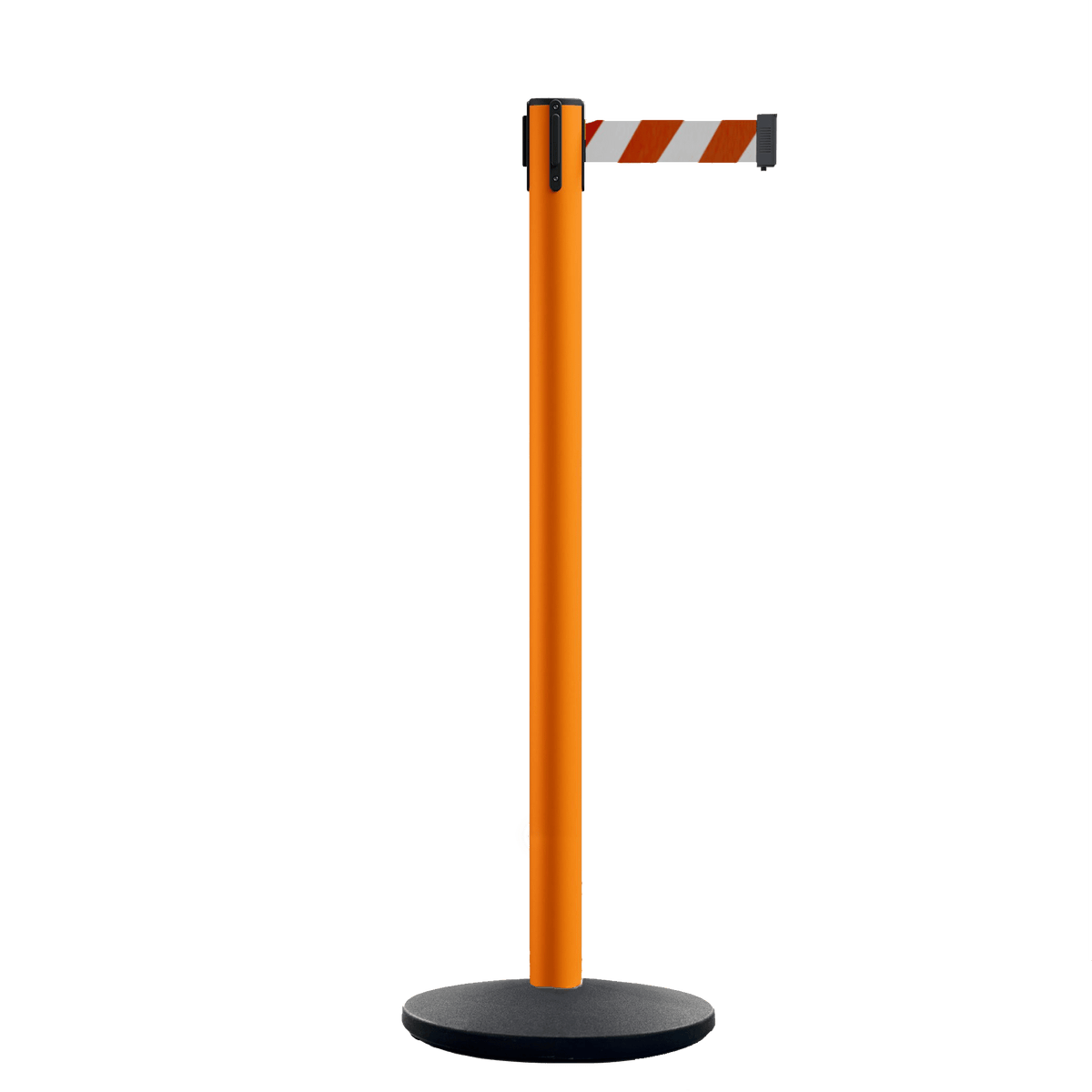Retractable Belt Barrier Stanchion, Orange Post, Cast Iron Base, 7.5 Ft. Belt - Montour Line MI630 - Crowd Control Warehouse