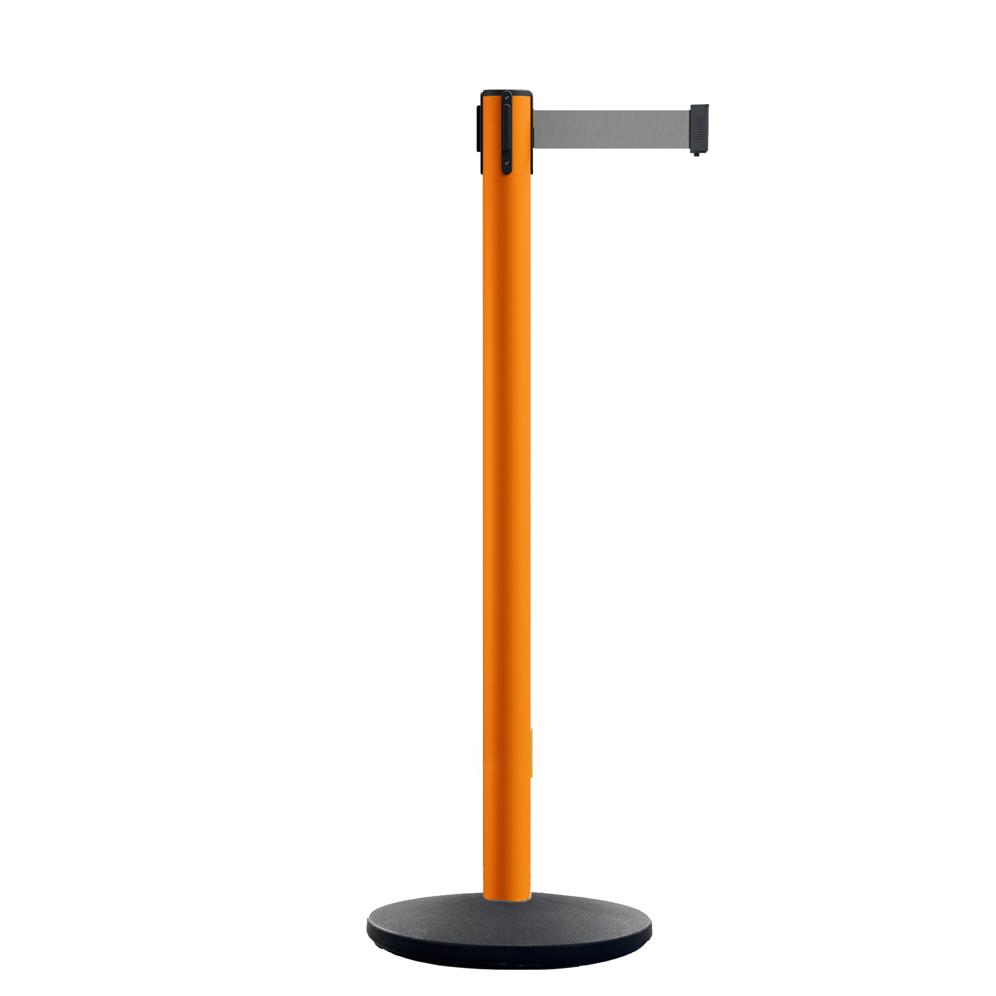 Retractable Belt Barrier Stanchion, Orange Post, Cast Iron Base, 7.5 Ft. Belt - Montour Line MI630 - Crowd Control Warehouse