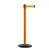 Retractable Belt Barrier Stanchion, Orange Post, Cast Iron Base, 7.5 Ft. Belt - Montour Line MI630 - Crowd Control Warehouse