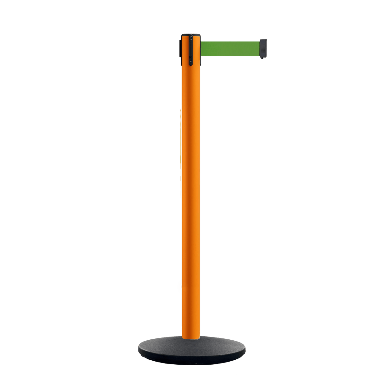 Retractable Belt Barrier Stanchion, Orange Post, Cast Iron Base, 7.5 Ft. Belt - Montour Line MI630 - Crowd Control Warehouse