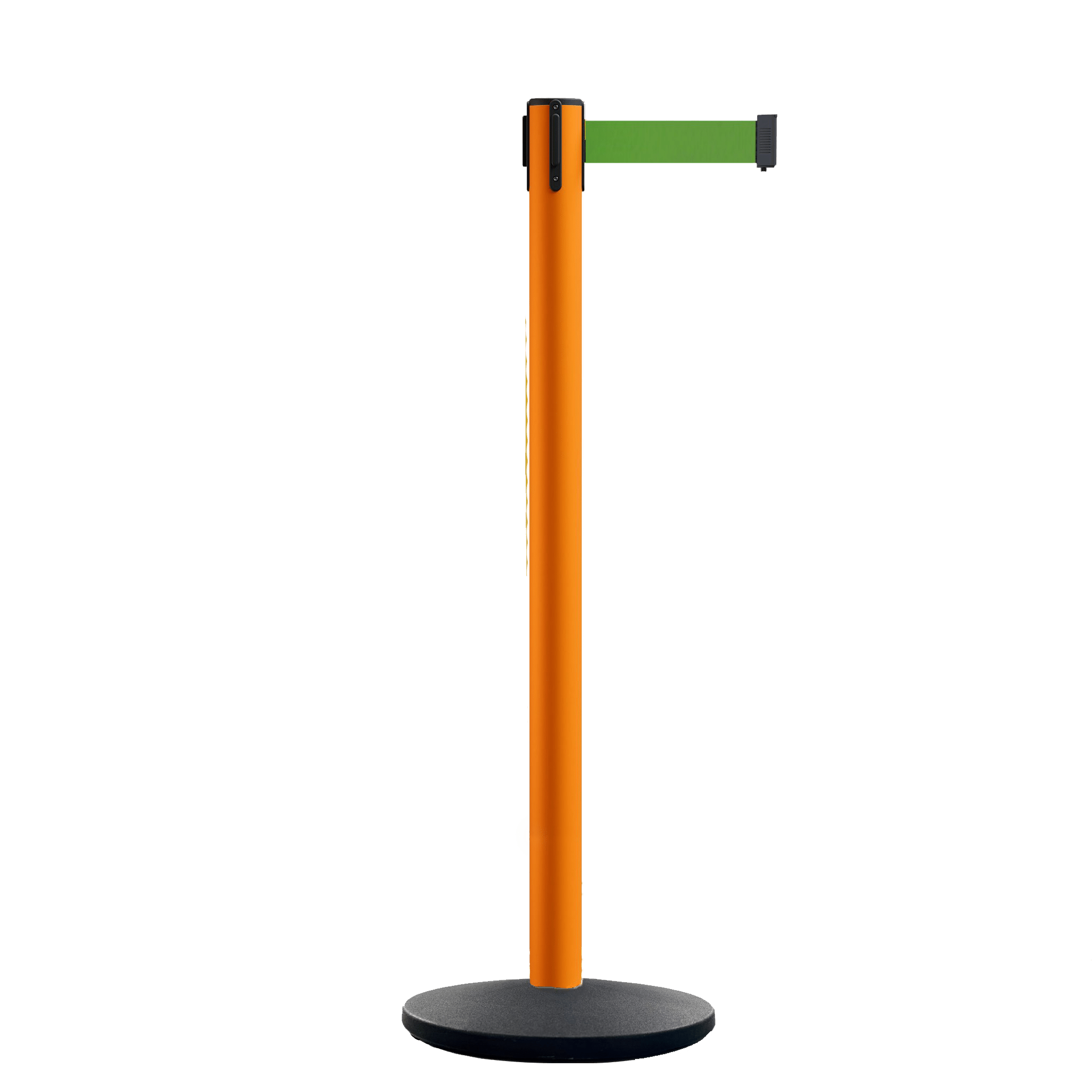 Retractable Belt Barrier Stanchion, Orange Post, Cast Iron Base, 7.5 Ft. Belt - Montour Line MI630 - Crowd Control Warehouse