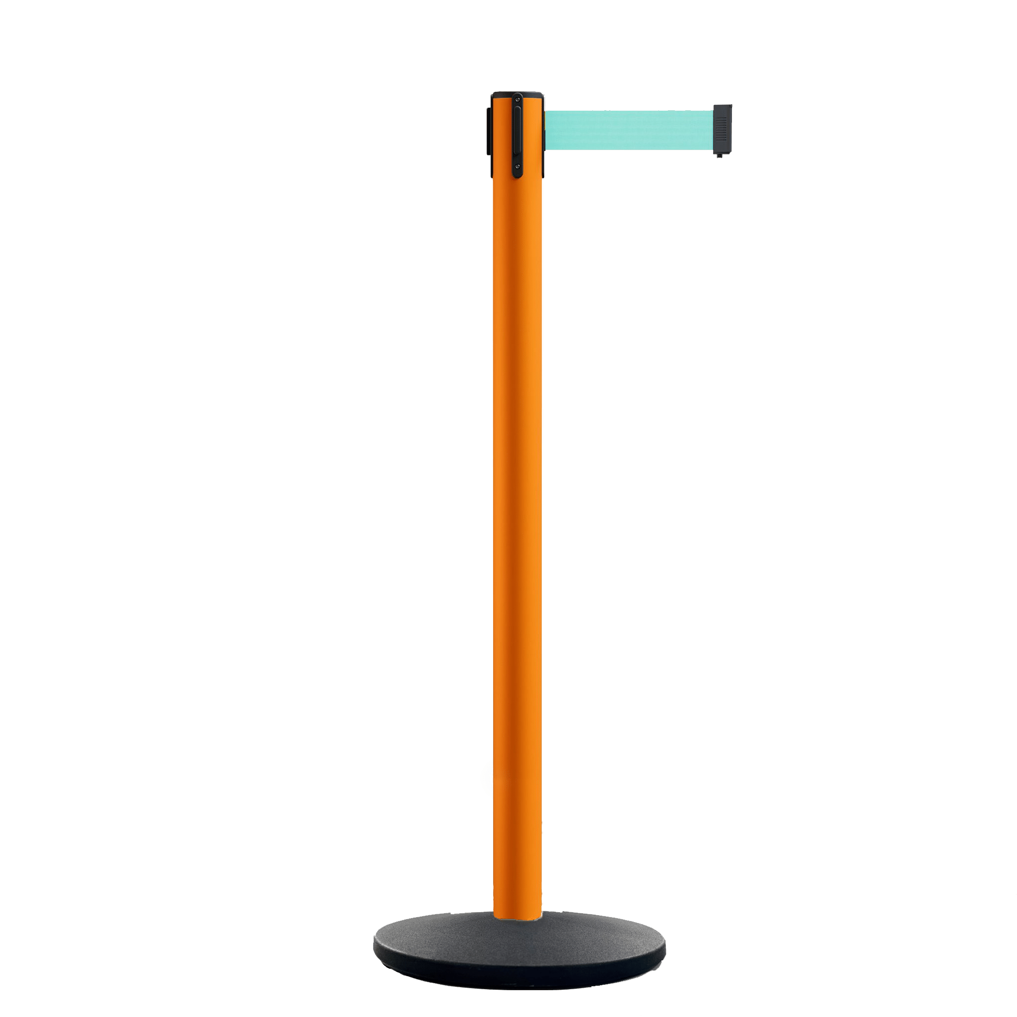 Retractable Belt Barrier Stanchion, Orange Post, Cast Iron Base, 7.5 Ft. Belt - Montour Line MI630 - Crowd Control Warehouse