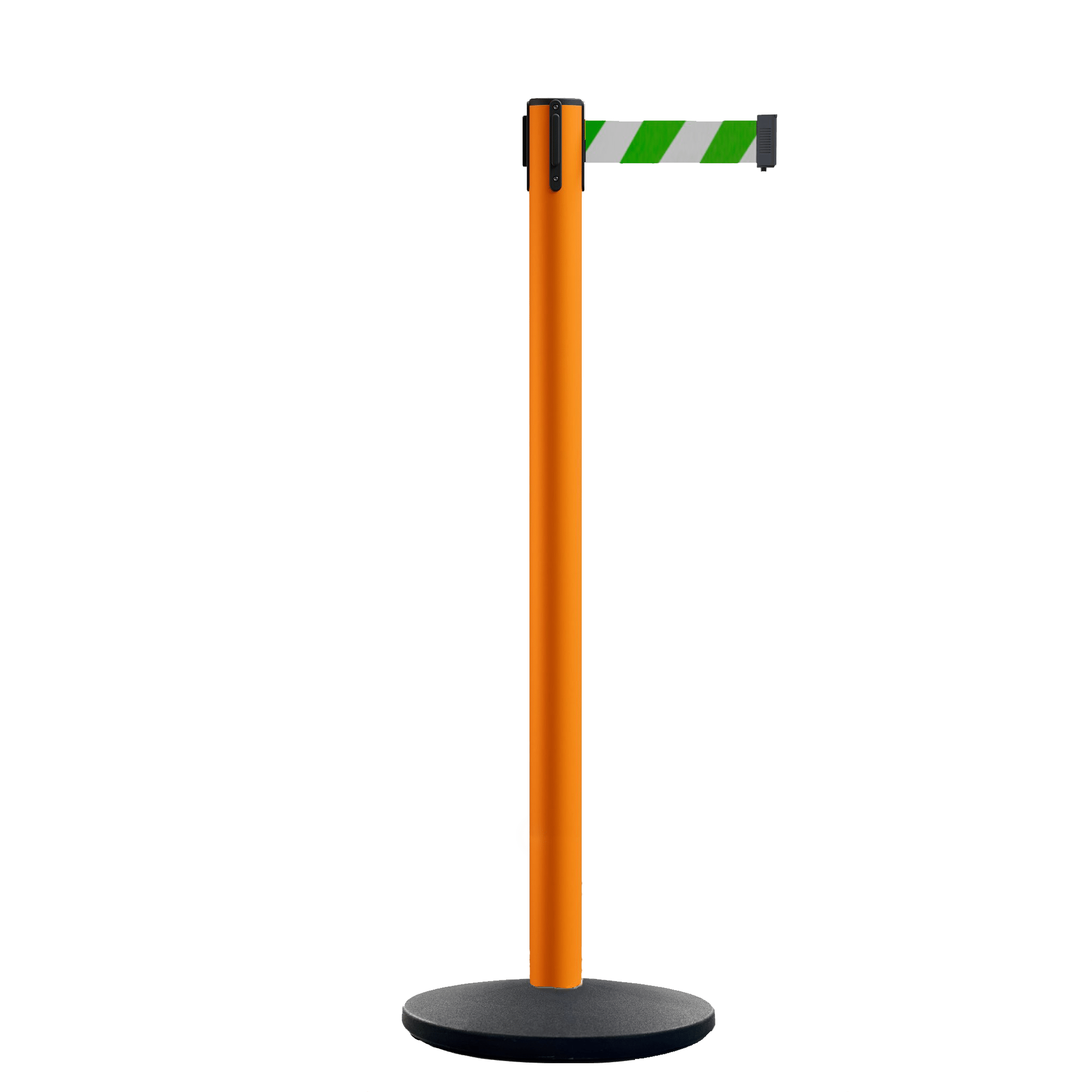 Retractable Belt Barrier Stanchion, Orange Post, Cast Iron Base, 7.5 Ft. Belt - Montour Line MI630 - Crowd Control Warehouse