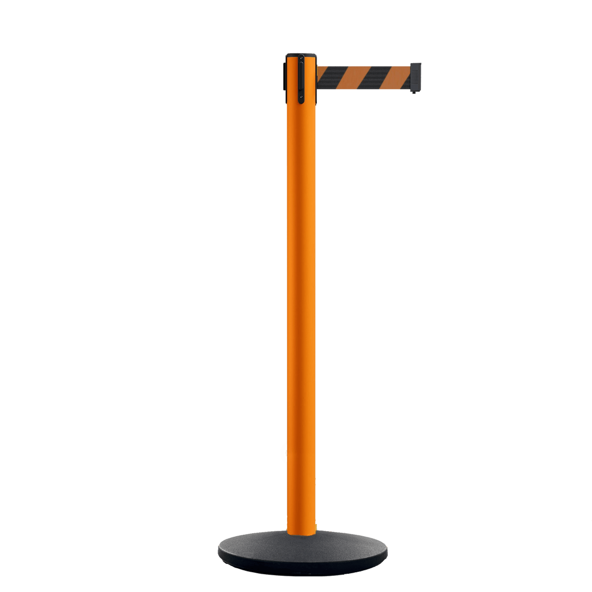 Retractable Belt Barrier Stanchion, Orange Post, Cast Iron Base, 7.5 Ft. Belt - Montour Line MI630 - Crowd Control Warehouse