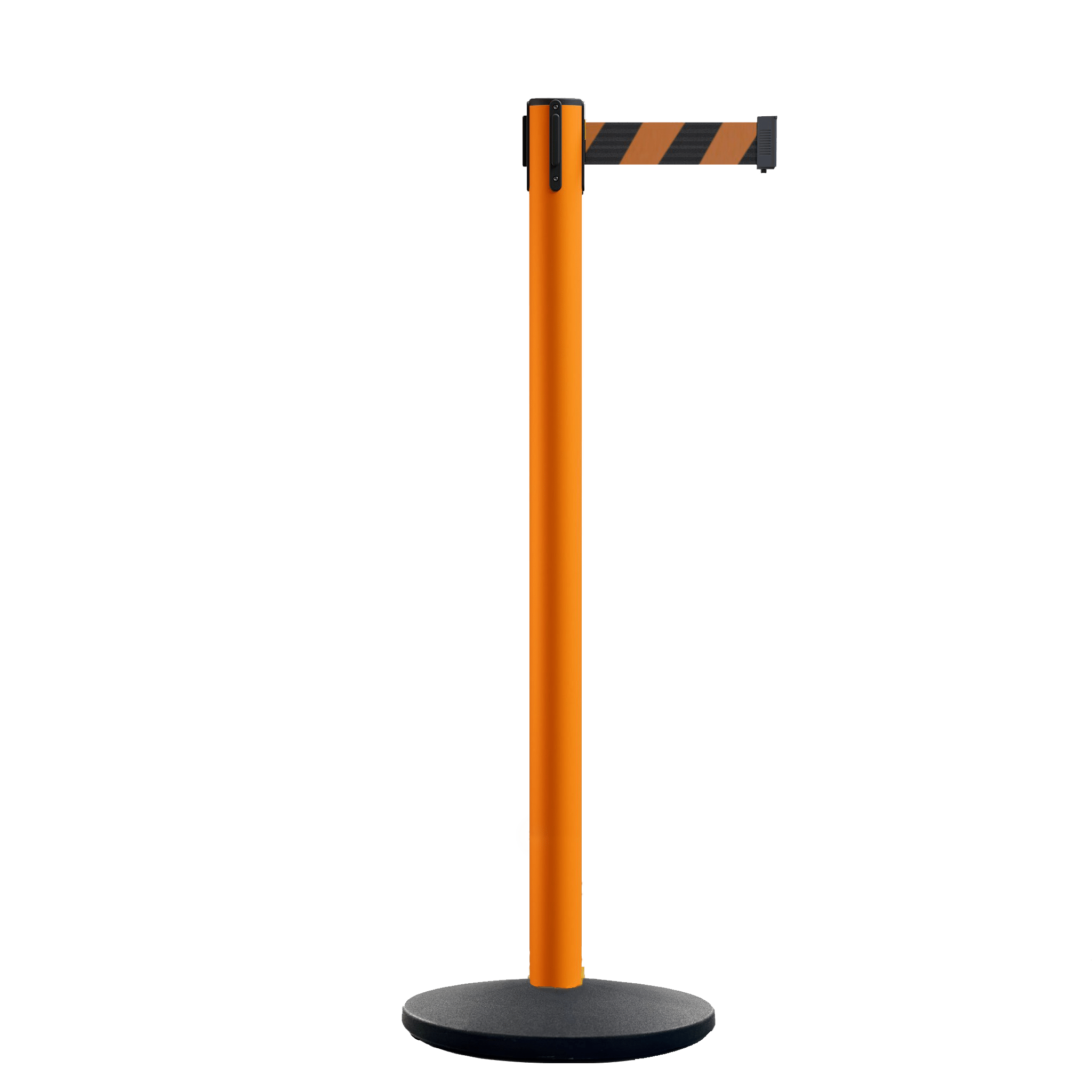 Retractable Belt Barrier Stanchion, Orange Post, Cast Iron Base, 7.5 Ft. Belt - Montour Line MI630 - Crowd Control Warehouse