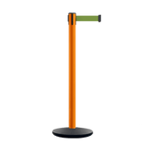 Retractable Belt Barrier Stanchion, Orange Post, Cast Iron Base, 7.5 Ft. Belt - Montour Line MI630 - Crowd Control Warehouse