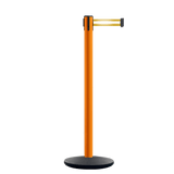 Retractable Belt Barrier Stanchion, Orange Post, Cast Iron Base, 7.5 Ft. Belt - Montour Line MI630 - Crowd Control Warehouse