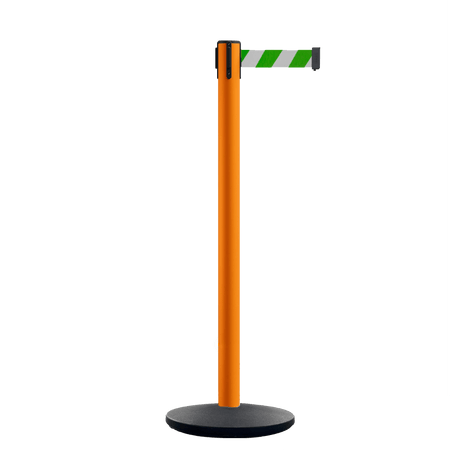 Retractable Belt Barrier Stanchion, Orange Post, Cast Iron Base, 7.5 Ft. Belt - Montour Line MI630 - Crowd Control Warehouse